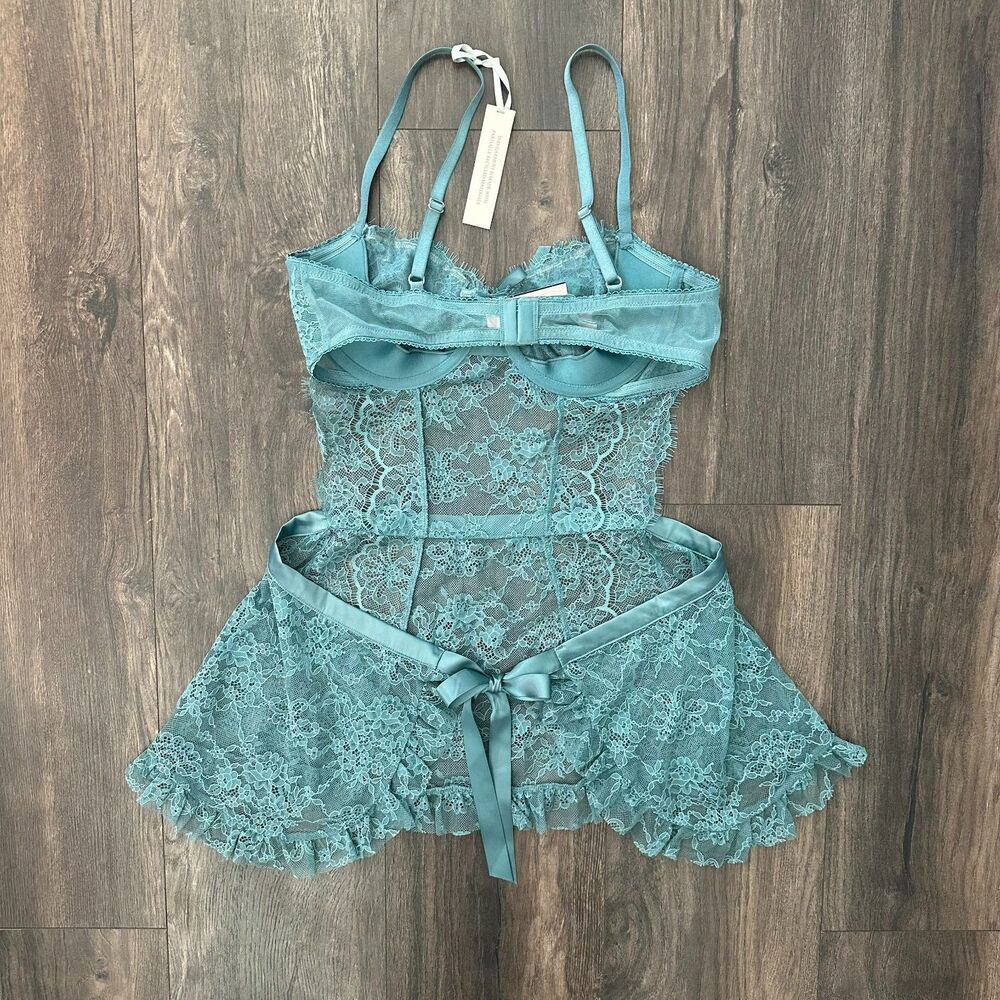 NWT Victoria's Secret Wicked Rose Lace Jade Blue Apron Lingerie Slip Size Large - Picture 5 of 14